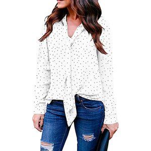 Women's Bow Tie Curved Hem Polka Dots Long Sleeve Blouse